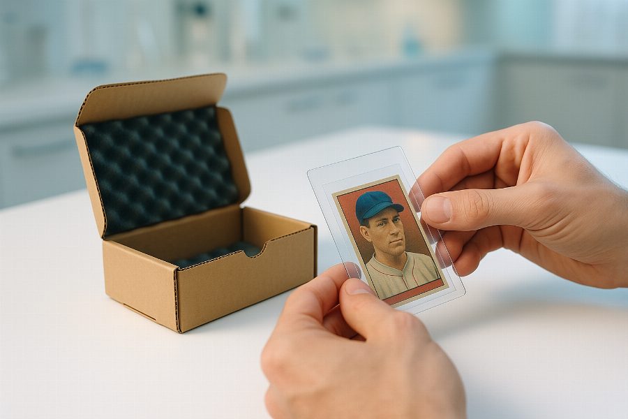 Gloved hands sleeving a trading card for shipping